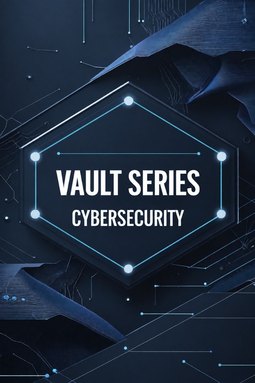 Digital graphic with the text 'VAULT SERIES CYBERSECURITY' centered inside a glowing hexagonal frame, set against a dark blue abstract tech background with circuit-like lines and geometric shapes.