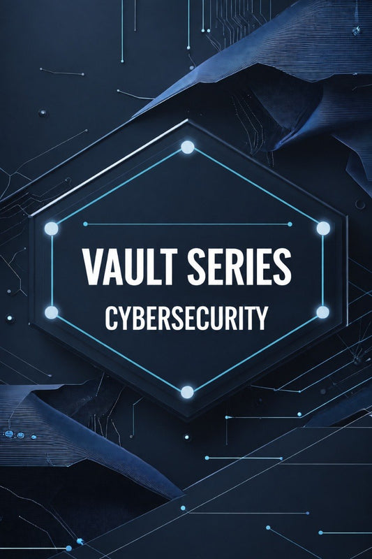 Digital graphic with the text 'VAULT SERIES CYBERSECURITY' centered inside a glowing hexagonal frame, set against a dark blue abstract tech background with circuit-like lines and geometric shapes.