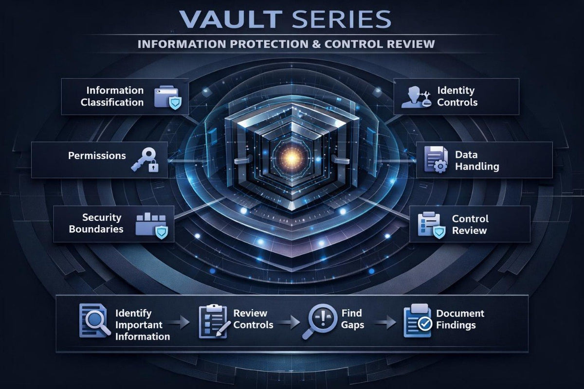 A digital infographic titled 'VAULT SERIES INFORMATION PROTECTION & CONTROL REVIEW' on a dark blue background. It features a central glowing hexagonal vault icon surrounded by labeled boxes for Information Classification, Permissions, Security Boundaries, Identity Controls, Data Handling, Control Review, Identify Important Information, Review Controls, Find Gaps, and Document Findings.