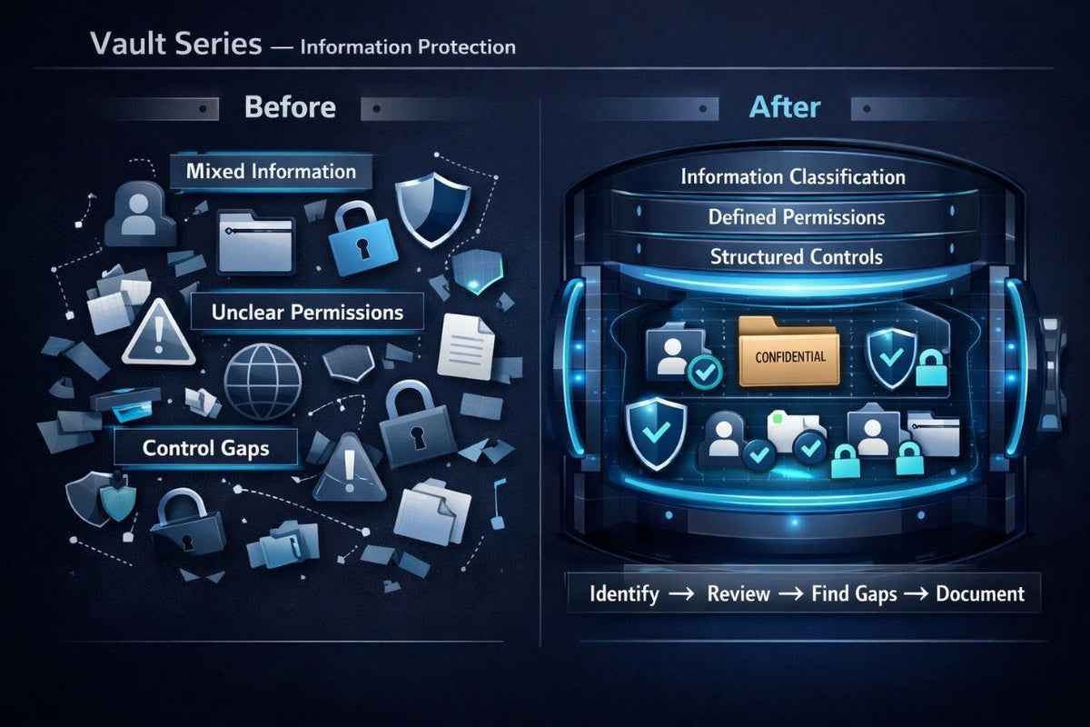 A dark blue digital infographic comparing 'Before' and 'After' information protection. The left side, labeled 'Before', shows scattered icons for mixed information, unclear permissions, and control gaps.