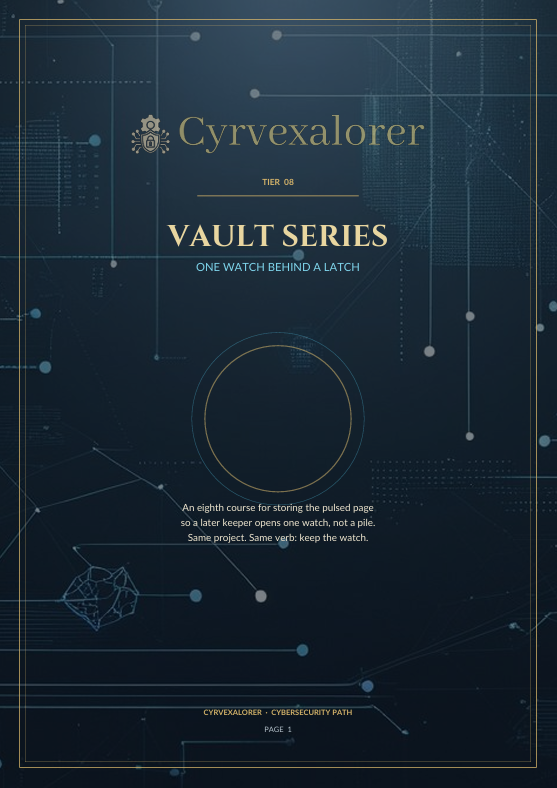 A dark navy book cover or booklet front titled 'Cyrvexalorer' with the subtitle 'Vault Series' and additional text about watch security. The cover has a futuristic blueprint-style design with fine gold and light blue lines, dots, and geometric graphics on a dark background.